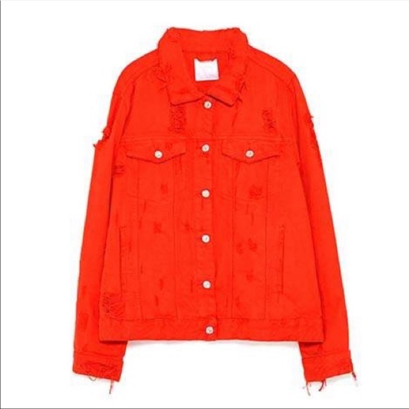Zara Trafaluc Red Distressed Denim Jacket - Picture 1 of 7